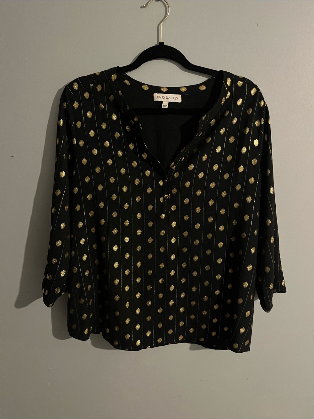 Emily Daniels Black Blouse with Gold Dot Stripe Detail size large career office